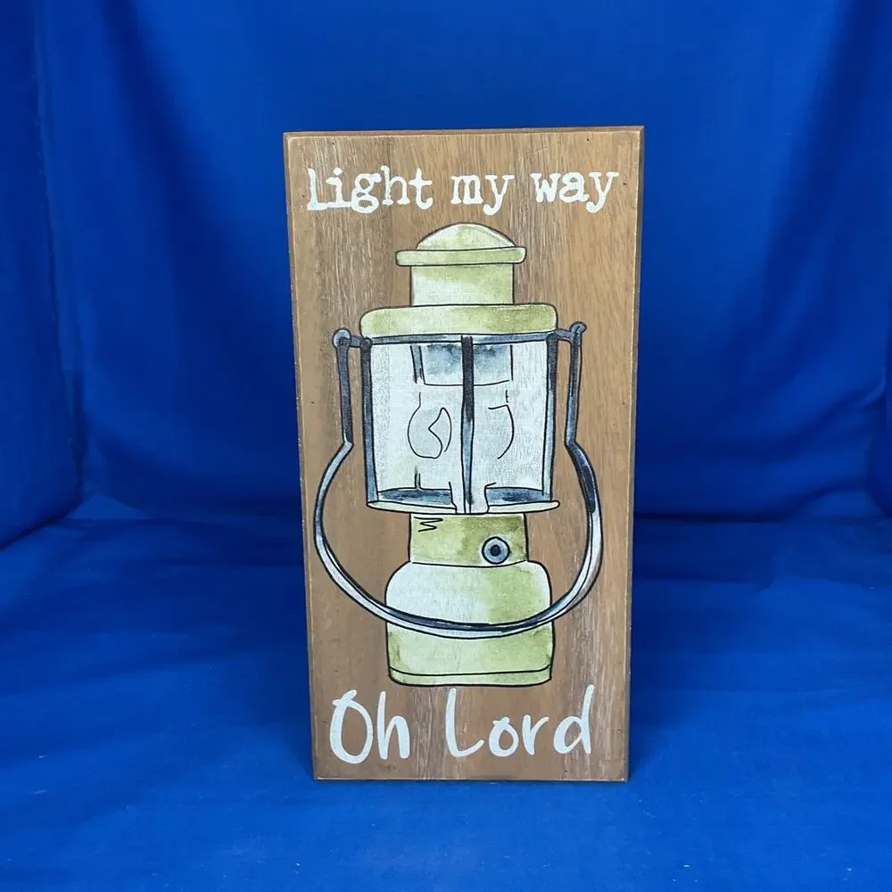 Light My Way Oh Lord Wooden Block Sign Vintage Lantern Rustic Cabin Camping